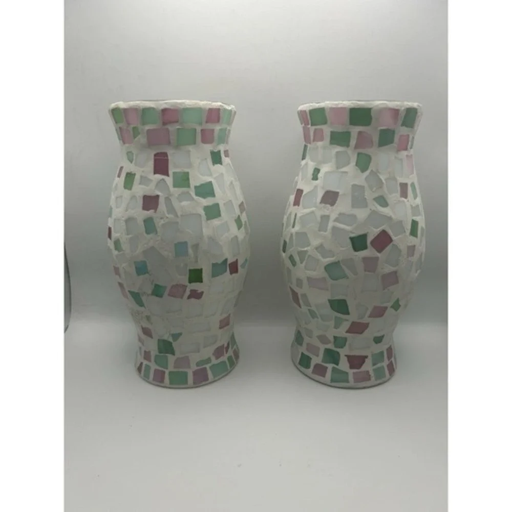 2-PC Mosaic Tile Stain Glass‎ Hurricane Candle Holders 9